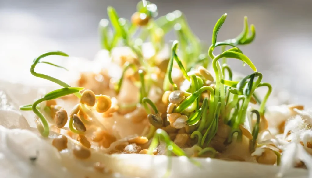 A dense cluster of highly sprouted pepper seeds growing on a damp paper towel, showing vibrant green shoots and roots under bright light.