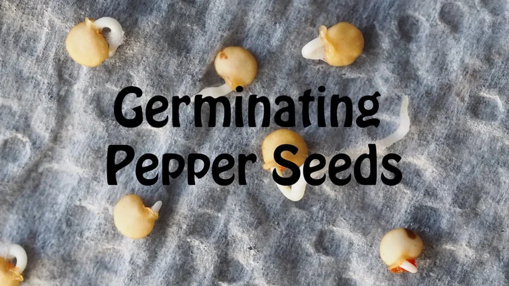 Several pepper seeds showing early signs of sprouting with tiny white radicle roots on a gray textured paper towel, with the overlay text "Germinating Pepper Seeds."