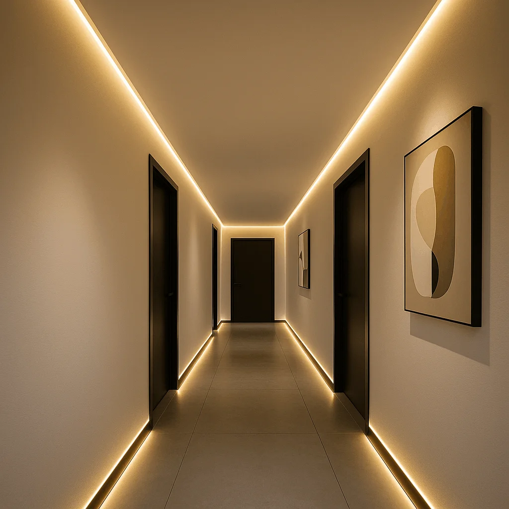 A symmetrical long modern corridor with glowing warm strip lights embedded in the ceiling and floor lines, minimalist decor, and dark wood doors.