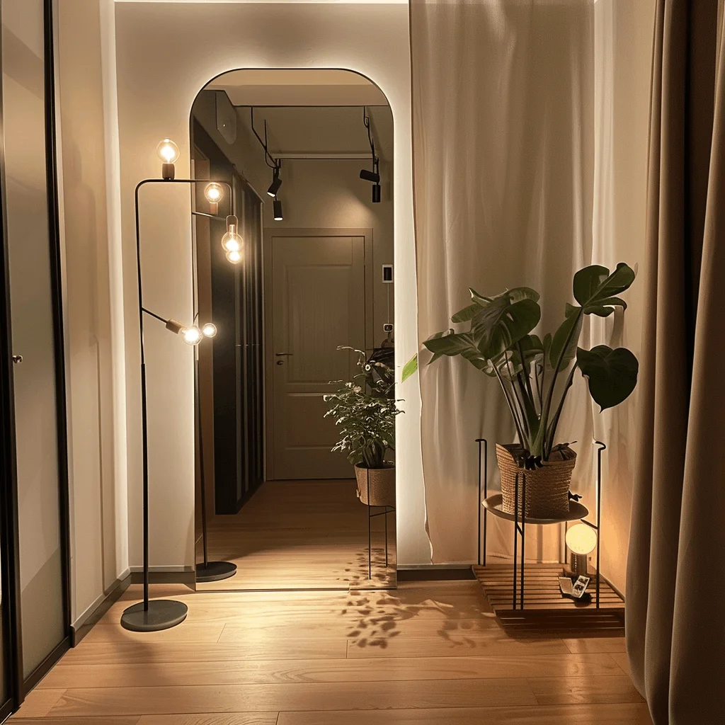 Modern Hallway Mirror with Warm Backlighting and Minimalist Decor A large full-length arched mirror with soft warm LED backlighting stands in a long narrow hallway. A minimalist black floor lamp with exposed bulbs illuminates the space next to a potted Monstera plant on a wooden stand.