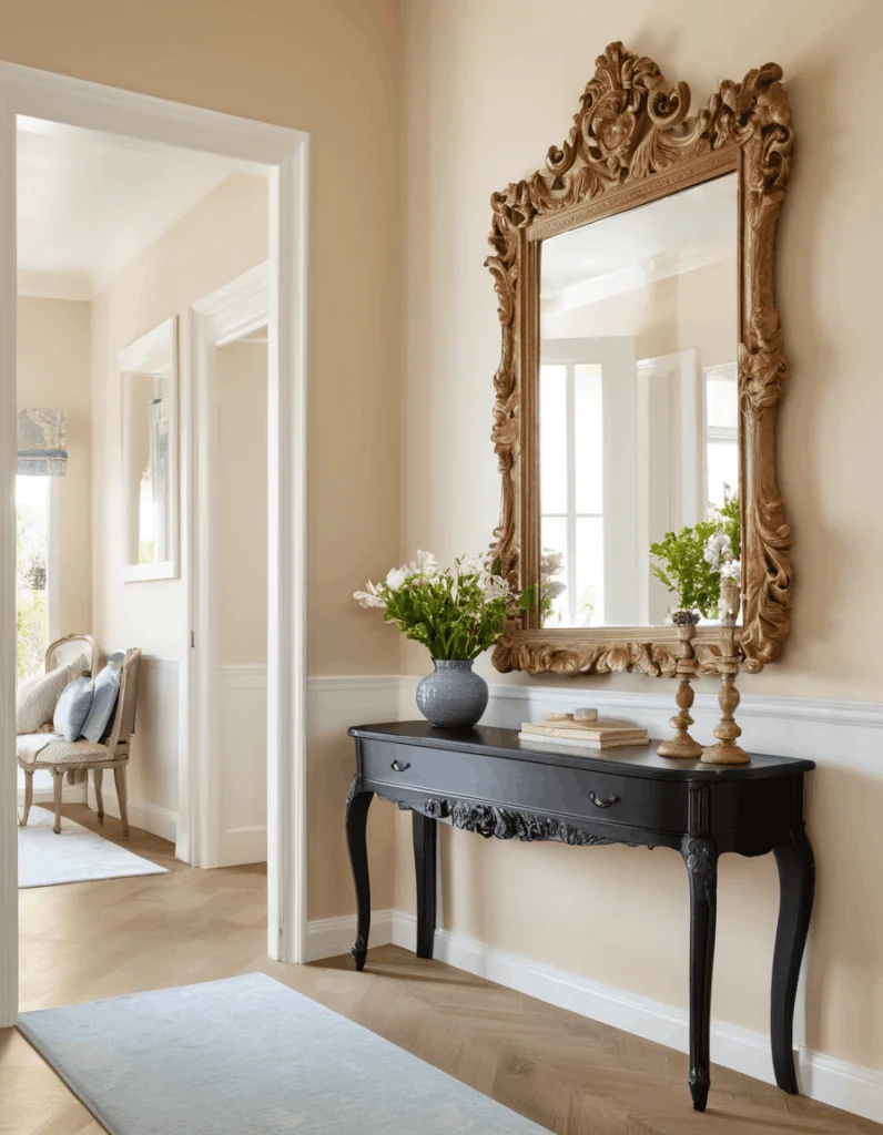 Ornate Gold Mirror Above Black Console Table in Hallway Large ornate gold-framed mirror mounted on a beige wall above an elegant black console table with fresh white flowers and candlesticks in a classic entryway.