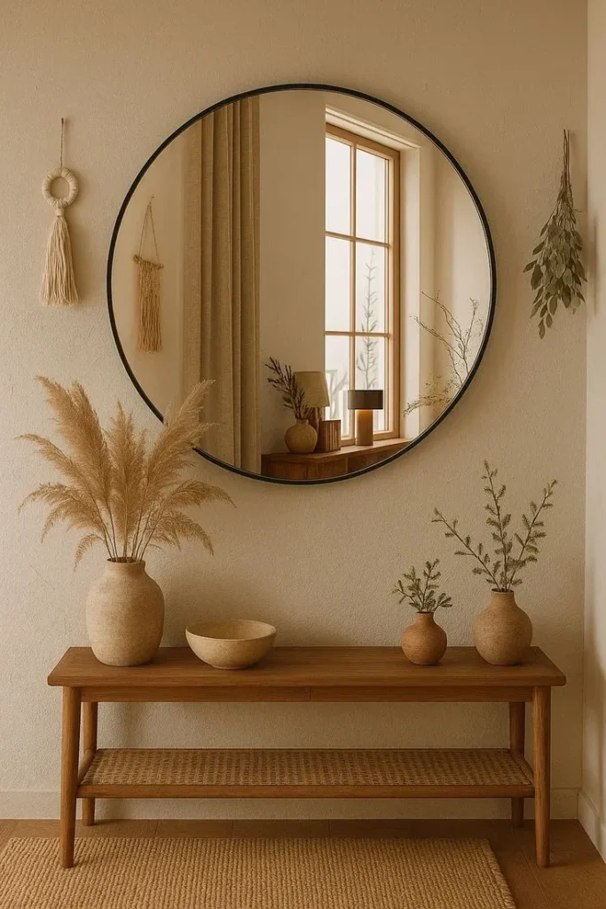 Minimalist Japandi Entryway Console Table with Large Round Mirror A wooden console table in a Japandi-style entryway featuring a large round wall mirror, beige ceramic vases filled with pampas grass and botanical sprigs, and minimalist macrame wall hangings against a warm beige wall.