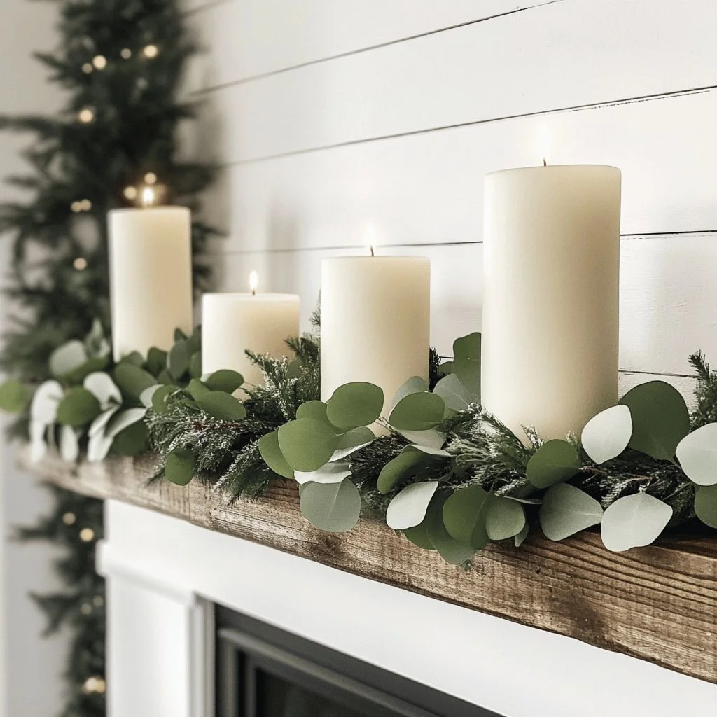 cozy-winter-mantel-decor-candles-eucalyptus A rustic wooden fireplace mantel set against a white shiplap wall, decorated for winter with four lit cream pillar candles of varying heights nestled in a lush garland of green eucalyptus and frosted pine needles.