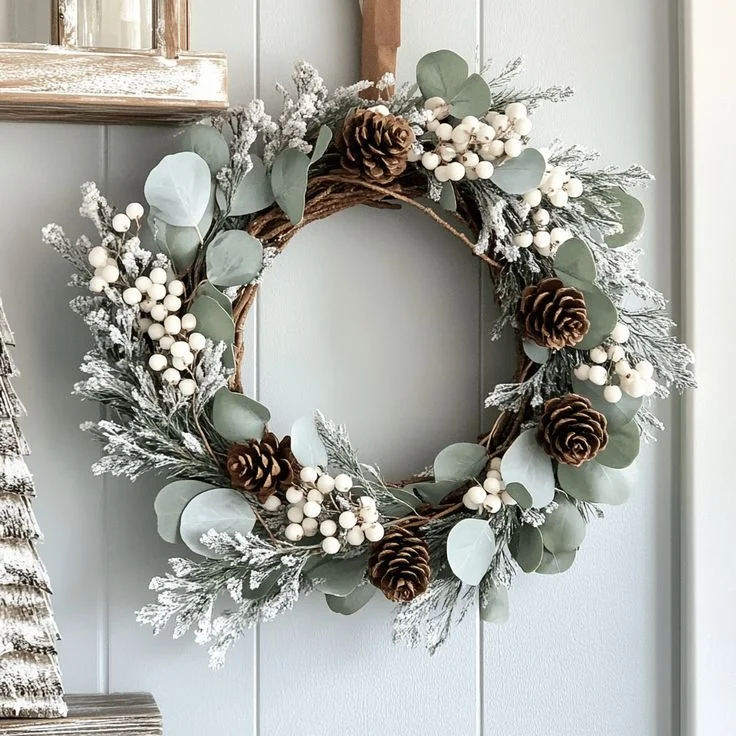 cozy-january-wreath Close-up of a winter grapevine wreath with frosted greens, pinecones, and white berries.