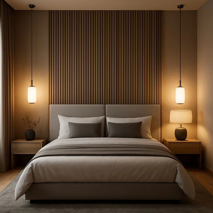 modern-minimalist-bedroom-decor-warm-lighting Modern neutral bedroom interior featuring warm, cozy ambient lighting and a vertical wood slat feature wall.