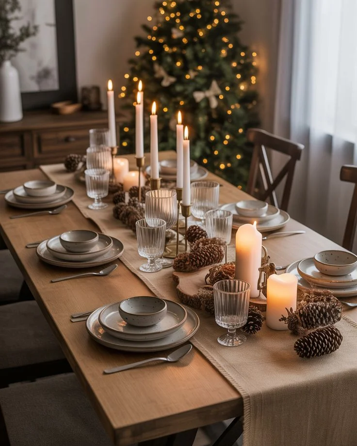 cozy-winter-dining-table-setting-candles Close-up of a cozy, rustic winter dining table setting illuminated by glowing white taper and pillar candles.