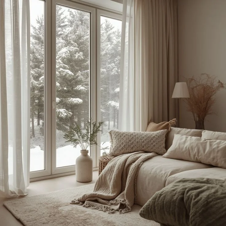 cozy-winter-living-room-decor-snowy-view Cozy winter living room interior in beige tones with a large window view of a snowy forest.