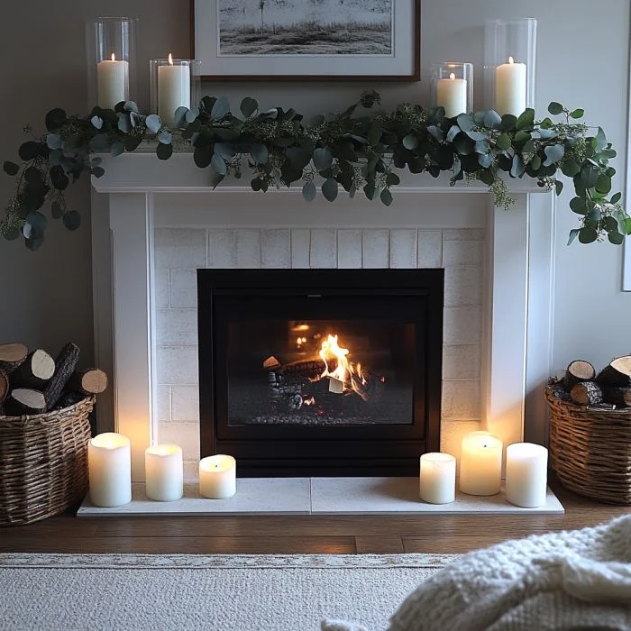 cozy-winter-fireplace-decor A cozy white fireplace mantle decorated for winter with a lush green eucalyptus garland, lit white pillar candles in glass hurricane vases, and additional candles on the hearth next to a burning fire and baskets of firewood.