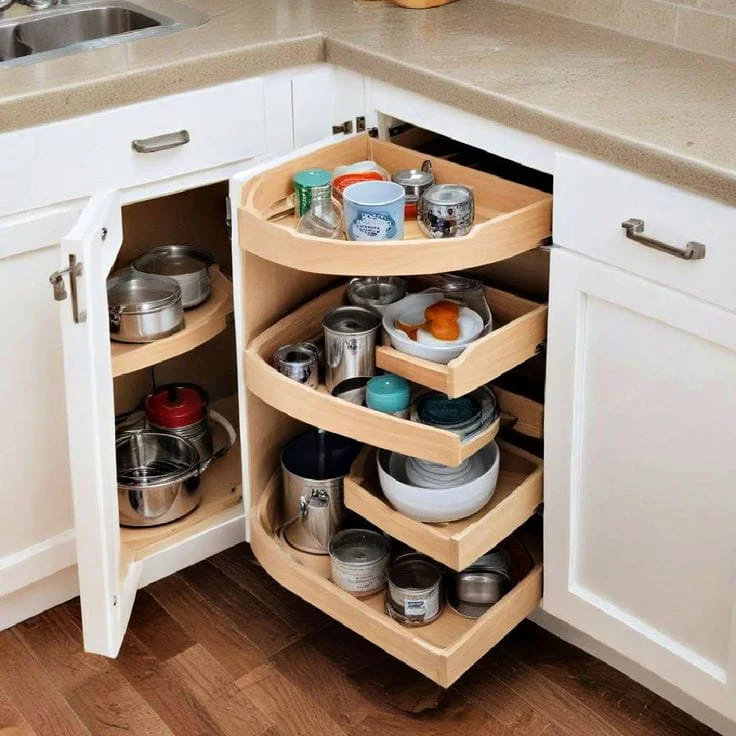 kitchen corner cabinet pull out organizer A modern kitchen corner cabinet featuring a three-tier wooden pull-out organizer and lazy Susan filled with pots, pans, and storage containers.