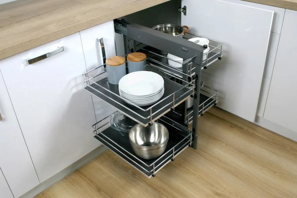 Magic corner pull-out drawer organizer for blind kitchen corner cabinets.