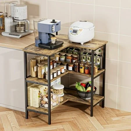l shaped kitchen corner shelf bakers rack An L-shaped rustic wooden and black metal corner shelf unit in a kitchen, holding a coffee machine, rice cooker, spice jars, and pantry items.