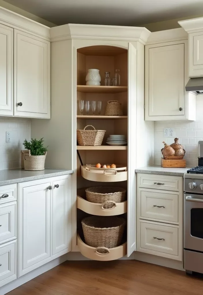 tall kitchen corner pantry cabinet organizer A tall, off-white kitchen corner pantry cabinet with an open door, showcasing upper shelves with glassware and lower curved pull-out wooden trays holding woven storage baskets.