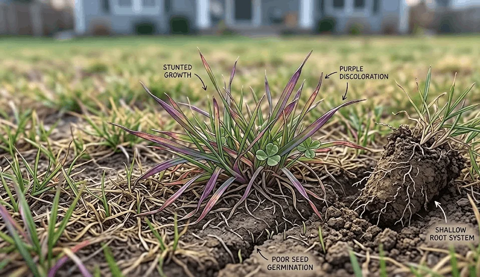 A close-up view of patchy lawn grass growing in dry soil, illustrating signs of nutrient deficiency. The central clump of grass shows distinct purple discoloration and stunted growth, while a small plug of soil pulled up to the right reveals a weak, shallow root system. Text labels with arrows point out "Stunted Growth," "Purple Discoloration," "Shallow Root System," and "Poor Seed Germination" across the cracked dirt.
