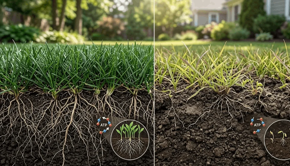 A split-screen, cross-section view of a lawn showcasing the effects of phosphorus. The left side features thick, vibrant green grass above ground with a deep, dense network of healthy roots extending into dark soil. The right side shows sparse, yellowing grass with shallow, thin roots growing in dry soil. Small graphic circular inserts highlight ATP energy symbols and seedling growth differences below the surface for each side.