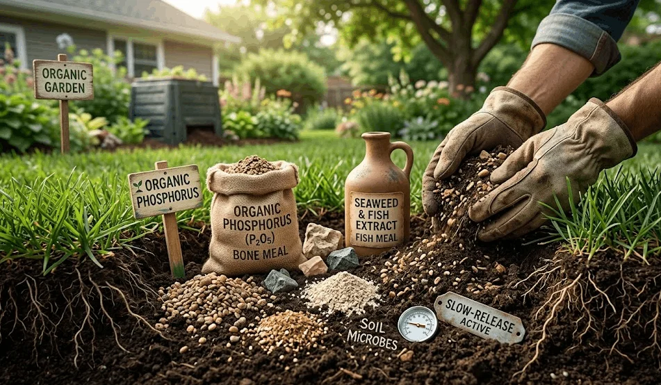 A close-up view of gloved hands mixing natural soil amendments.
Arranged nearby are sacks labeled Bone Meal and Seaweed Fish Meal, plus wooden signs for Organic Phosphorus.
The composition focuses on improving soil health for a lawn in a residential backyard.