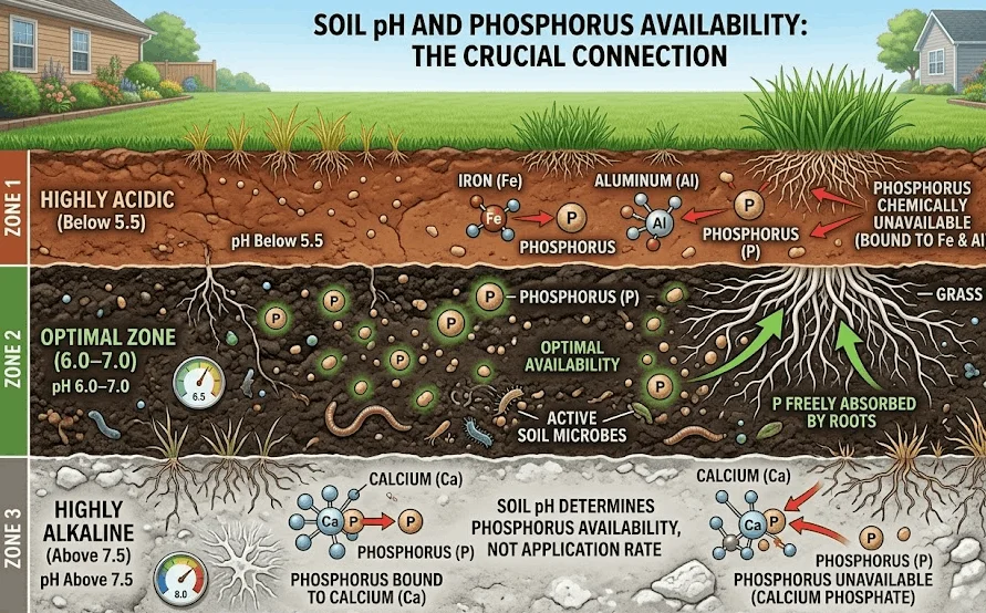 A scientific soil cross-section divided into three distinct pH zones.

The middle section highlights the optimal 6.0 to 7.0 pH zone where deep grass roots freely absorb glowing phosphorus particles.

The top and bottom sections show phosphorus locked away by binding to iron, aluminum, or calcium due to extreme acidity or alkalinity.