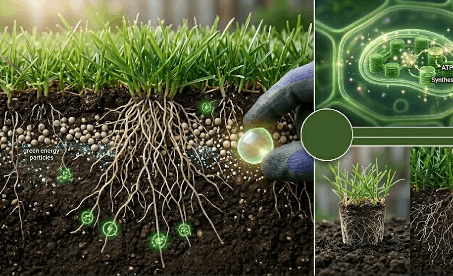 The Cellular Impact of Phosphorus on Lawn and Root Health A scientific infographic style diagram showing the effects of phosphorus on grass. The left side features a cross-section of a lush green lawn with a deep, complex root system in dark soil, showing glowing green energy icons and fertilizer granules. A gloved hand holds a luminous green orb near the roots. The upper right panel displays a microscopic view of plant cells undergoing ATP synthesis and photosynthesis. The lower right panels show a comparison of a smaller grass seedling with compact roots next to an established lawn with extensive, deep roots.