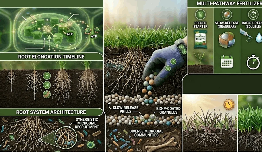 Multi-Panel Infographic on Phosphorus Fertilizer Types and Root Architecture. A detailed infographic split into multiple panels showcasing the effects of different lawn fertilizers. The left side highlights a root elongation timeline and microscopic root system architecture with microbial recruitment. The central section features a gloved hand applying multi-colored slow-release fertilizer prills beneath a vibrant green lawn. The right side illustrates multi-pathway fertilizer options including seeded starter, slow-release granules, rapid soluble uptake, and organic choices like bone meal, alongside a visual comparison of nutrient-deficient versus healthy, phosphorus-balanced turf.