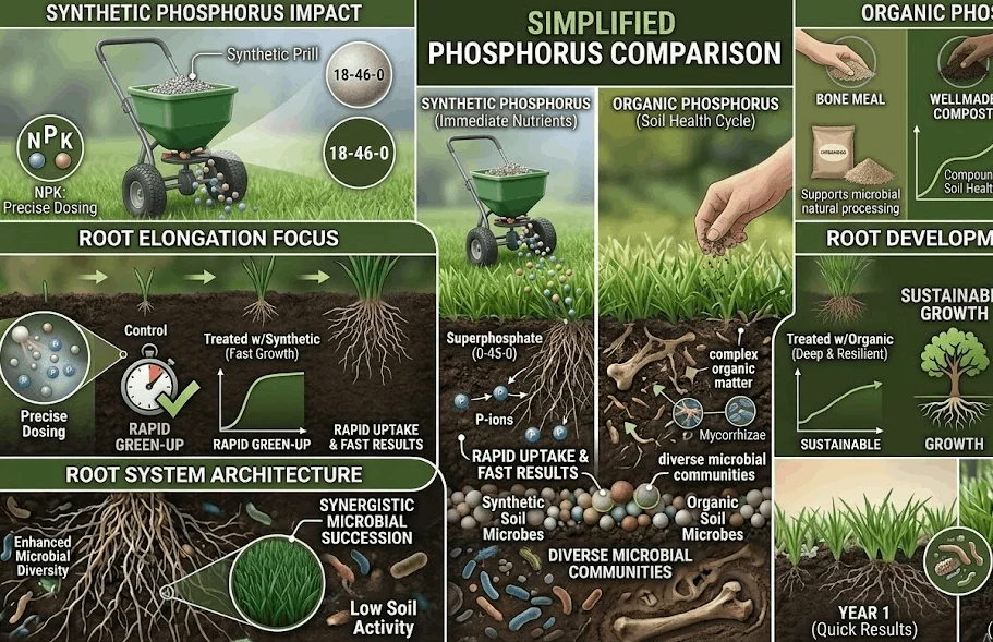 Comparison Infographic of Synthetic versus Organic Phosphorus Fertilizer Effects on Lawns An infographic comparing synthetic and organic phosphorus fertilizers. The left side highlights a fertilizer spreader distributing chemical prills for fast growth and rapid root uptake, alongside a stopwatch icon. The right side features a hand mixing organic material into soil filled with diverse microbes, bone meal, and compost, showcasing a timeline for long-term root sustainability and soil health.