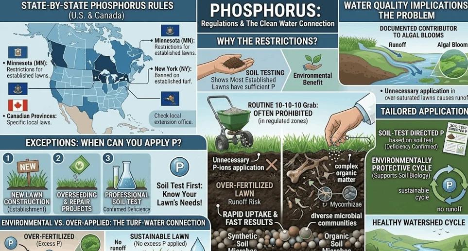 Infographic on Regional Phosphorus Regulations and Environmental Impact A detailed infographic explaining regional restrictions on phosphorus lawn fertilizers in the U.S. and Canada. The top-left panel highlights a map pinpointing regulated zones like Minnesota and New York. The top-right panel shows fertilizer runoff leading to algal blooms in a waterway. Lower panels outline legal exceptions for phosphorus use—such as new lawn construction, overseeding, and documented soil deficiencies—while promoting soil testing to protect local watersheds.
