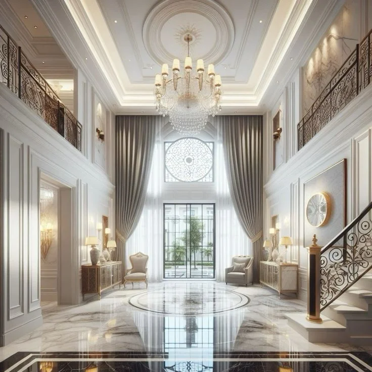 A grand luxury foyer featuring double-height white walls with classic wainscoting and molding. A massive crystal chandelier hangs from a tiered tray ceiling over a polished marble floor with a circular inlay design. In the background, a large arched window with elegant floor-to-ceiling drapes overlooks a courtyard.