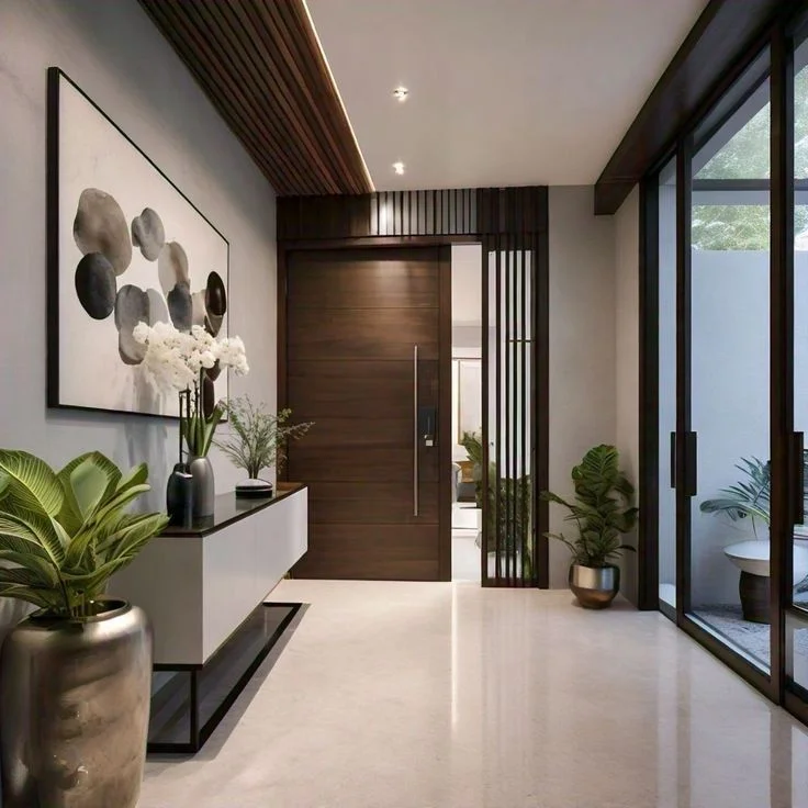 A luxurious contemporary entryway featuring a large, dark wood pivot front door with a long vertical metal handle, flanked by a matching wood slat privacy screen.