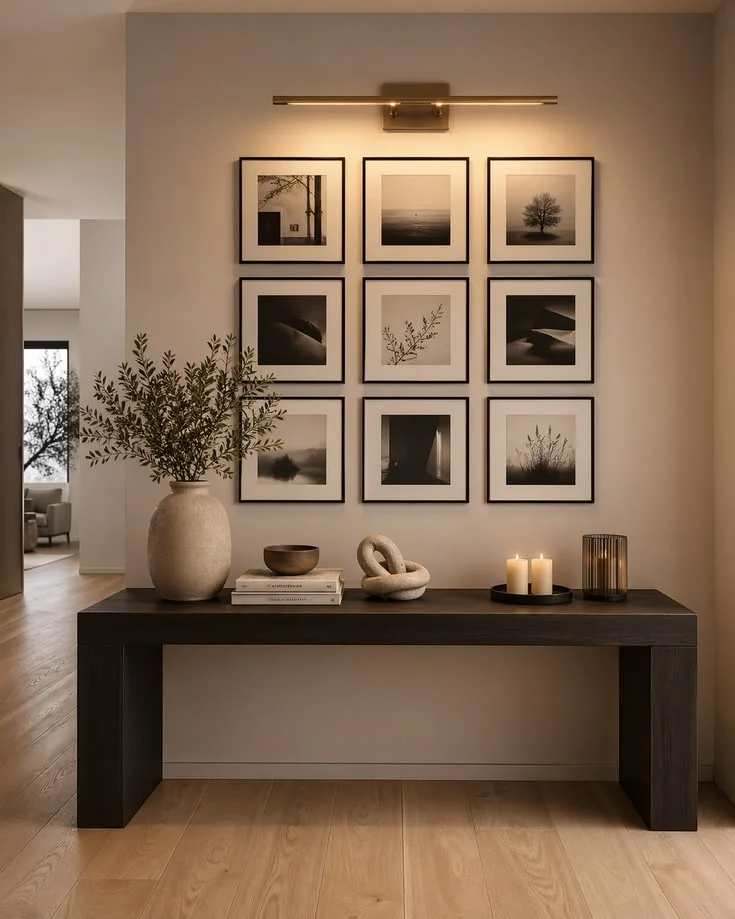 A dark wood console table styled in a minimalist, warm neutral entryway. On the table sits a large ceramic vase with green branches, a small stack of books with a decorative bowl, a stone knot sculpture, and lit candles. Above the table, a perfectly aligned $3 \times 3$ grid of black-framed black and white nature photographs is illuminated by a sleek, brass picture light mounted on the wall.