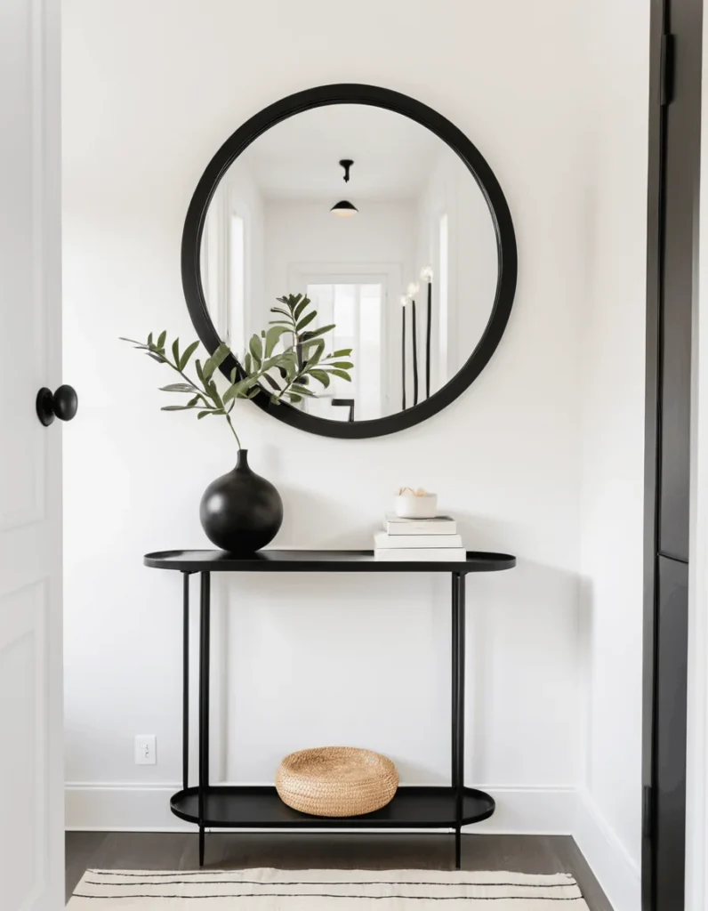 A narrow, sleek black metal console table styled against a crisp white wall in a modern entryway. On the top shelf, a round black ceramic vase holds green leafy branches next to a small stack of books and a decorative bowl. A large, circular black-framed mirror hangs above the table, reflecting a hallway. On the bottom shelf rests a woven round basket, and a striped neutral rug sits on the dark floor below.