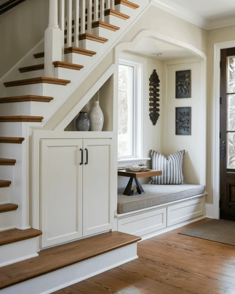 A cozy, custom-built entryway nook situated under a wooden staircase. The space features white built-in cabinets with black handles for storage, an open triangular display niche holding two ceramic vases, and an integrated window bench seat with a grey cushion and striped pillow. A small wooden side table sits on the bench near a bright window, while dark framed artwork decorates the neutral wall beside a wooden front door.