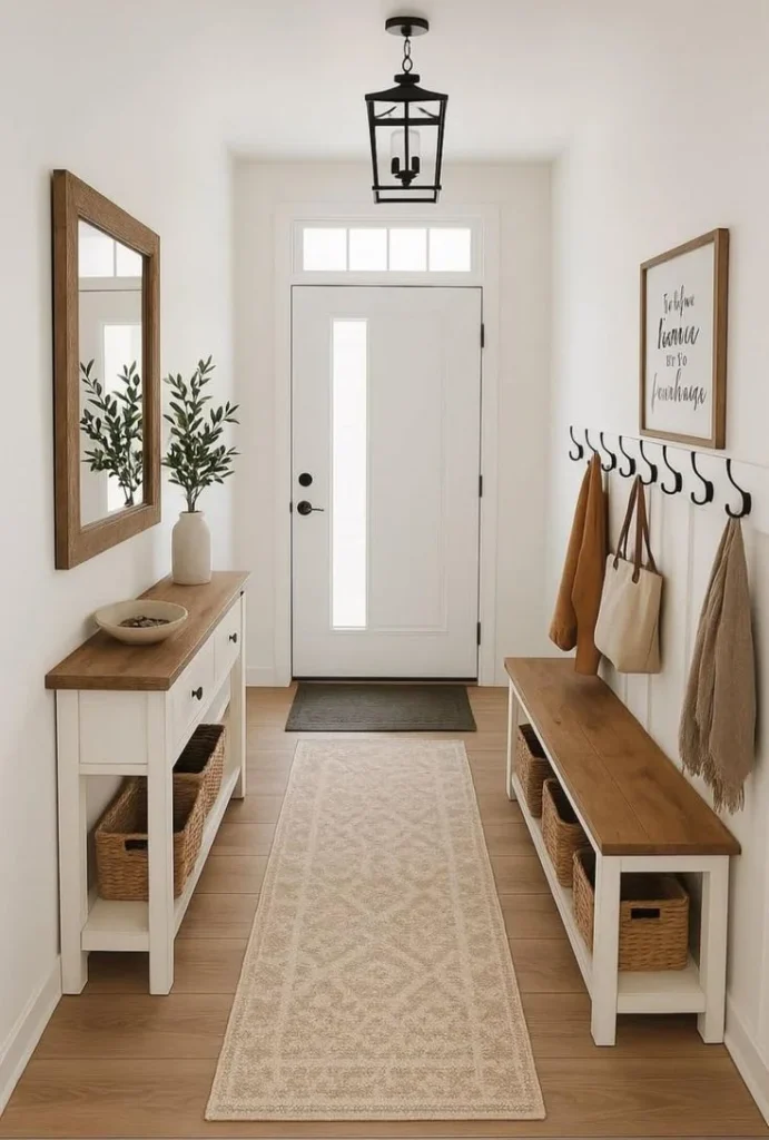 A narrow, bright farmhouse-style entryway hallway featuring matching white and natural wood furniture. On the left, a long console table holds a white vase with greenery and a decorative bowl under a wood-framed rectangular mirror. On the right, a matching wooden bench sits beneath a row of black wall hooks holding bags and a jacket. Both pieces of furniture feature open lower shelves filled with woven storage baskets. A neutral patterned runner rug lies on the light wood floor, leading toward a white front door with a black lantern pendant light hanging above.