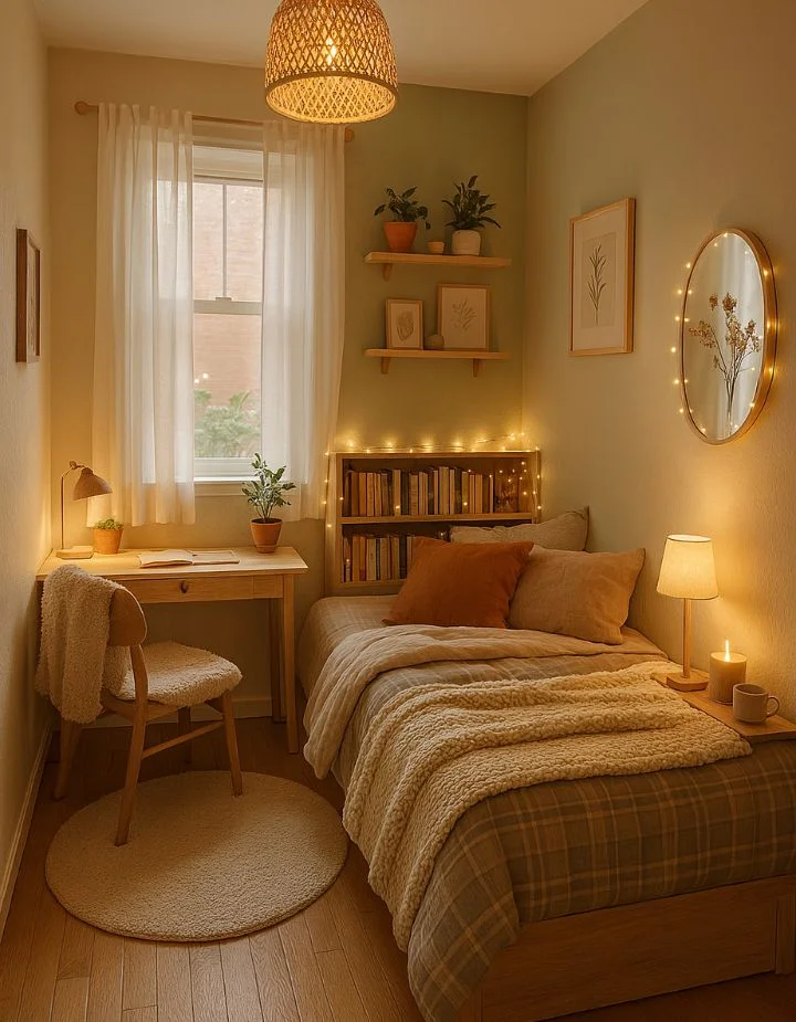 A small, cozy bedroom filled with warm, inviting lighting. A single bed with plaid bedding, a chunky knit blanket, and terracotta pillows sits against a light green wall. Above the bed's headboard bookshelf, fairy lights cast a soft glow. To the left, a small wooden writing desk with a chair and a fuzzy throw blanket is positioned beneath a window with sheer white curtains. Floating wooden shelves with potted plants and an oval mirror wrapped in string lights decorate the walls, creating a serene, aesthetic atmosphere.