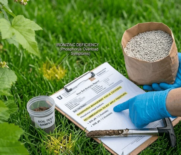 Lawn Soil Test Report for Managing Excess Phosphorus Levels An informative graphic on a green lawn showing a clipboard with a "Soil Analysis Report" highlighting "PHOSPHORUS MANAGEMENT STATUS: EXCESSIVE" and "RECOMMENDATION: DO NOT APPLY PHOSPHATE." A hand in a blue glove points to the text, next to a soil test sample cup, a soil probe tool, a paper bag of gray fertilizer, and yellow patches of grass labeled "IRON/ZINC DEFICIENCY."