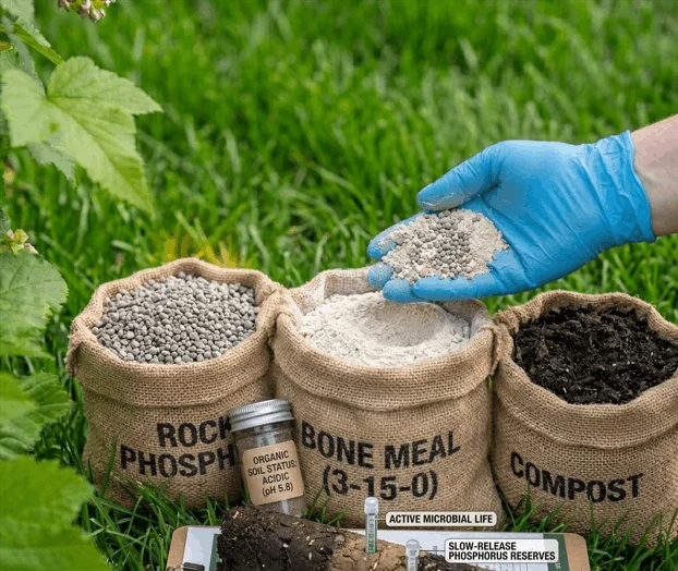 Best Organic Phosphate Fertilizers for Lawn Turf and Soil Health. An infographic on green grass showing three burlap sacks labeled Rock Phosphate, Bone Meal (3-15-0), and Compost. A hand in a blue glove holds a mixture of powder and granules over the bone meal sack. Labels on a clipboard below point to benefits like "Active Microbial Life" and "Slow-Release Phosphorus Reserves."