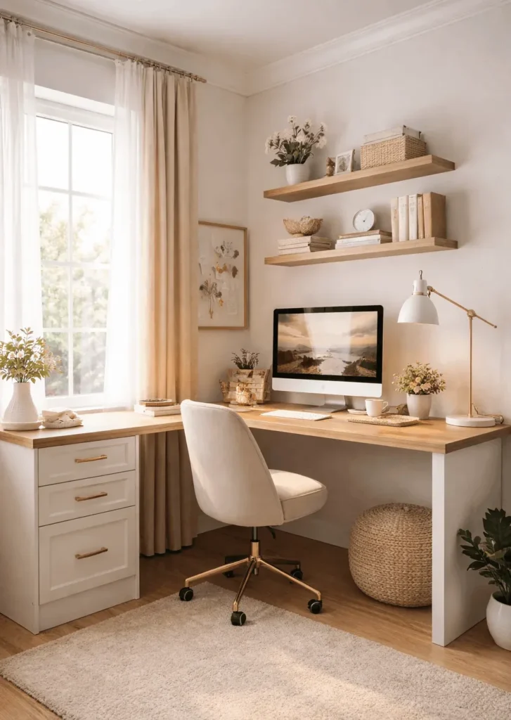 Compact white and wood corner desk setup for a home office, featuring built-in storage drawers, a desktop monitor, gold-accented desk lamp, and a woven pouf.