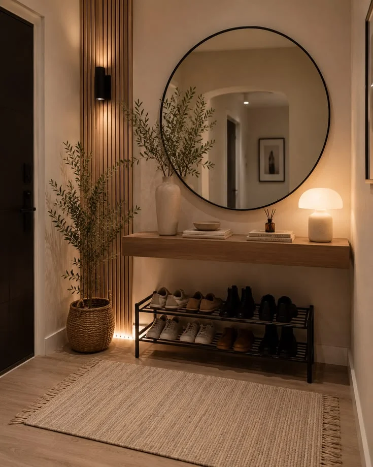 A small modern entryway featuring a floating wooden console table with a large round black-framed mirror hanging above it. The space is warmly lit by a small table lamp, a black wall sconce on a vertical wood slat accent wall, and under-slat LED strip lighting. A potted faux olive tree sits in a woven basket next to a black metal shoe rack filled with shoes beneath the console.