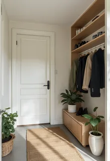 minimalist entryway coat rack bench Modern scandinavian-style hallway with a light wood open closet system, a low wooden shoe storage bench, neatly hung coats and jackets, a closed white door, and sunlit wood-look flooring.