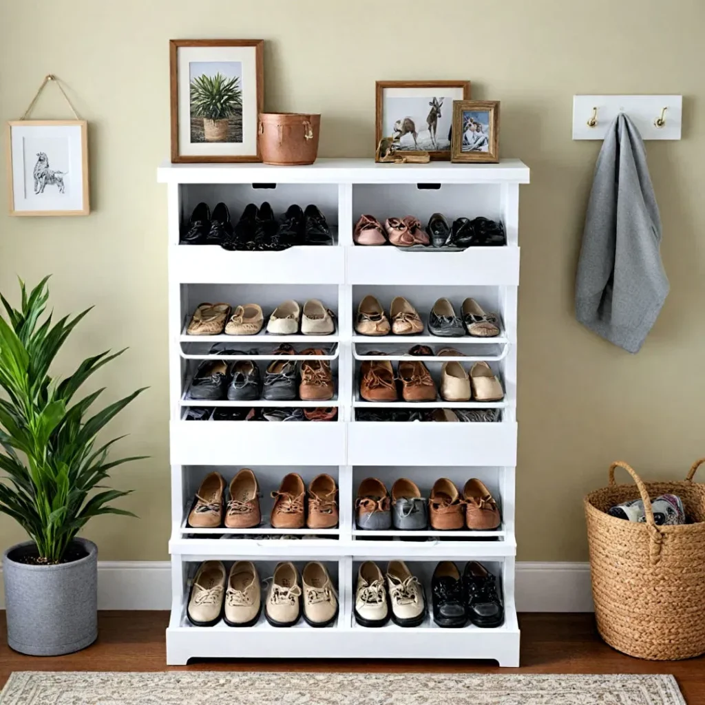 aesthetic small hallway shoe rack A functional and stylish shoe organization system for a narrow hallway, showcasing a white cabinet packed with a shoe collection, decorated with rustic wood-framed pictures on top.