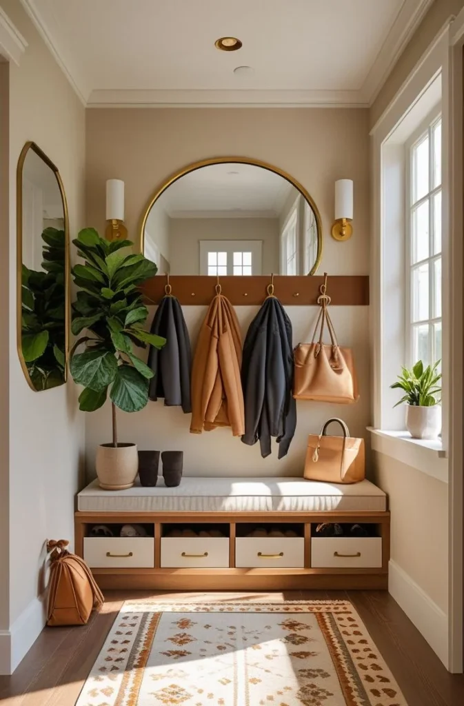 Bright and organized tiny entryway makeover with shoe storage bench and gold accents. "A brightly lit, organized modern tiny entryway makeover featuring a multi-functional built-in bench with white drawers for shoe storage, an arched gold-framed mirror, and wood wall hooks holding coats and handbags. The space is styled with two potted plants, a decorative patterned area rug, and is illuminated by natural light from a side window and a pair of white-and-gold sconces."