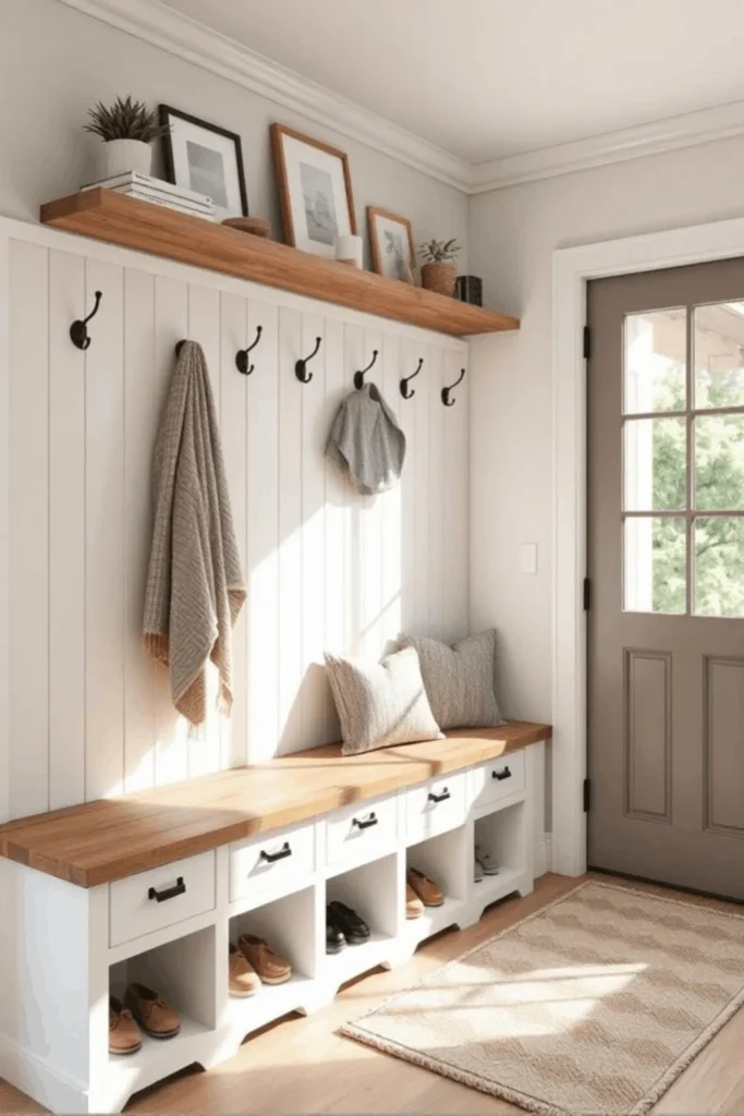 Tiny Entryway Makeover Ideas to Clear the Clutter Utilize vertical space with shiplap walls, multi-functional shoe benches, and floating shelves to keep items organized.
