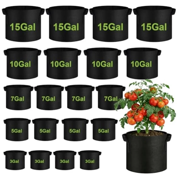 A comprehensive set of round black fabric grow bags arranged in rows by size, ranging from small to large. The rows are clearly labeled in green text as 3 Gal, 5 Gal, 7 Gal, 10 Gal, and 15 Gal. In the bottom right corner, a mature tomato plant loaded with ripe red tomatoes is shown growing out of a larger black fabric planter bag.