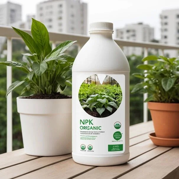 npk-organic-liquid-fertilizer-for-vegetables A white plastic bottle of NPK Organic liquid fertilizer sitting on a balcony table between two potted green leafy plants, with city buildings blurred in the background.
