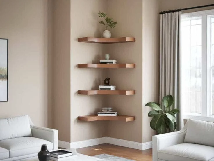 Four-tier floating wooden corner shelves installed in a contemporary neutral-toned living room with minimalist decor, white couches, and a large indoor plant.