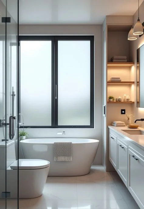 "A modern, minimalist bathroom featuring a large black-framed window with frosted privacy glass centered behind a white freestanding soaking tub. A white vanity with warm-lit wooden shelving is on the right, and a toilet is visible behind a glass partition on the left."