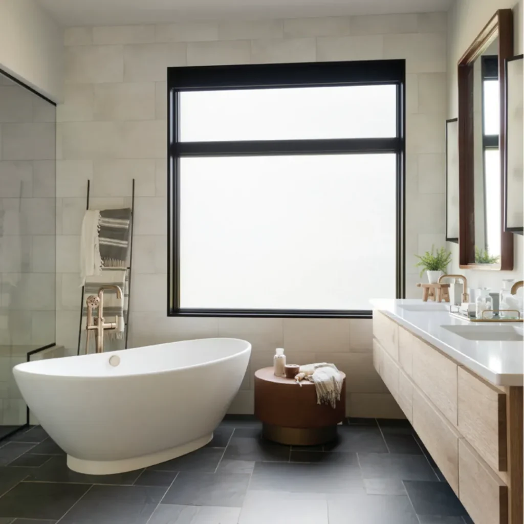 A contemporary bathroom interior featuring a large, black-framed window with frosted privacy glass positioned directly behind a freestanding white soaking tub with a floor-mounted brass faucet, next to a wood floating vanity with two sinks.