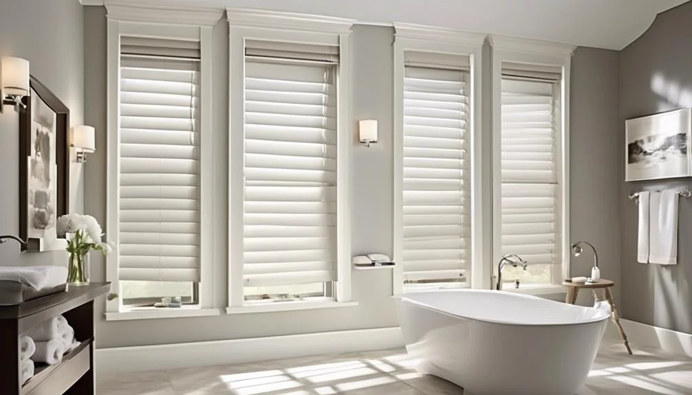 Four tall, narrow bathroom windows featuring elegant white horizontal blinds next to a modern freestanding bathtub.