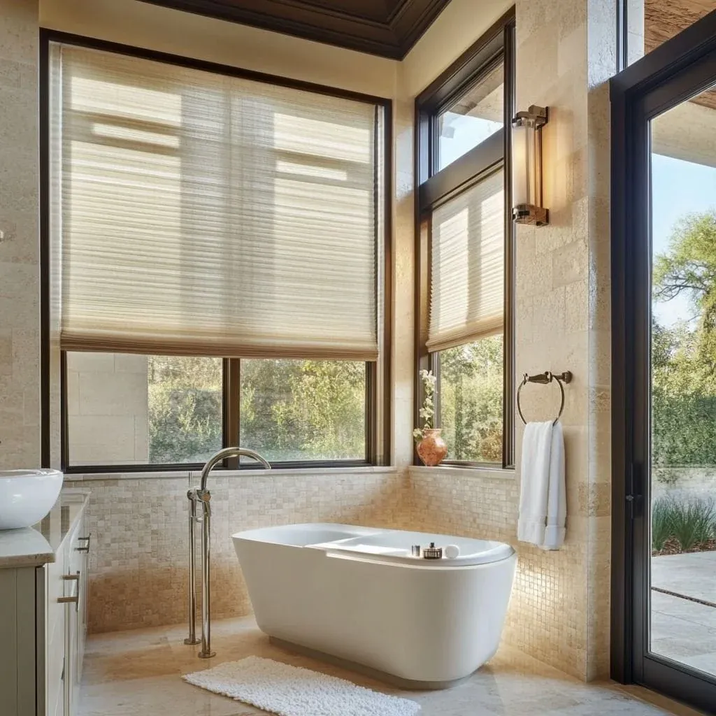 A modern spa-like bathroom featuring a white freestanding soaking tub and large corner windows fitted with light-filtering beige cellular privacy shades.