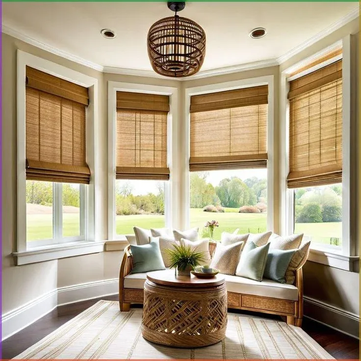 A bright four-panel bay window alcove featuring woven bamboo Roman shades and a view of a green grassy field outside. A curved light wood and rattan sofa sits nestled in the window space, decorated with an assortment of cream and soft blue throw pillows. In front of the sofa is a round, woven textured coffee table holding a small potted plant, set on a striped neutral area rug beneath a spherical rattan pendant light.