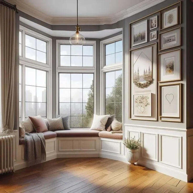 A cozy built-in bay window seat featuring plush pink and grey throw pillows, a draped knit blanket, and a glass globe pendant light overhead. The room is styled with warm herringbone hardwood floors, white wainscoting, grey walls, and a large gallery wall arranged with gold-framed art prints. A small potted plant sits on the floor next to the sunlit seating area.