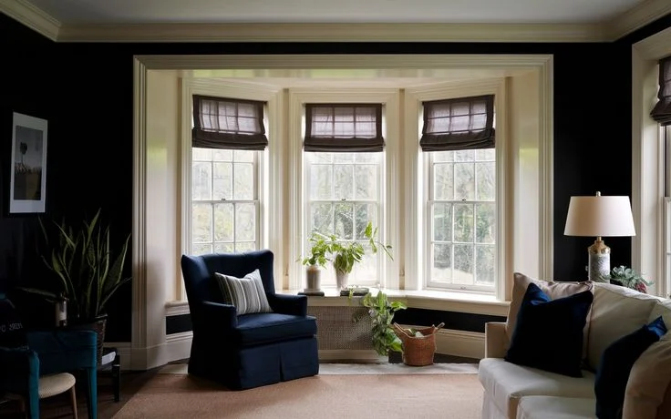 A dramatic living room featuring matte black walls contrasted with bright white trim and a prominent three-panel bay window alcove. Inside the alcove, a dark navy blue armchair with a striped throw pillow sits next to potted green house plants resting on the window ledge. The main seating area includes a cream-colored sofa accented by dark navy pillows, a modern table lamp, a woven storage basket on the floor, and a neutral area rug.
