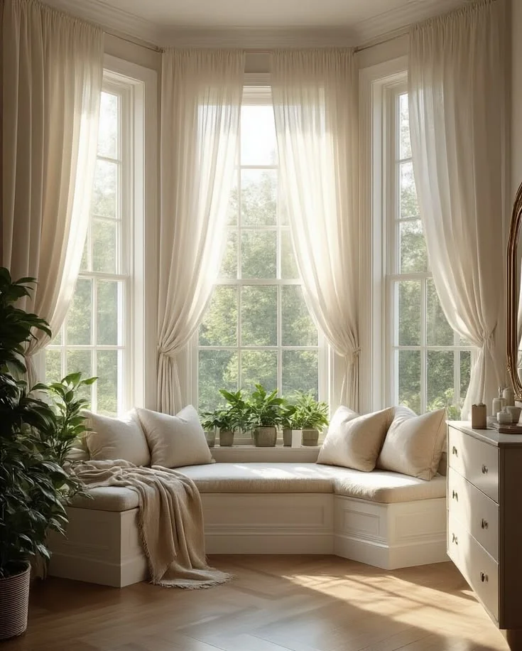 A sunlit three-panel bay window featuring a built-in cream storage bench lined with matching neutral throw pillows and a draped knit blanket. Floor-to-ceiling sheer white curtains are tied back on each window section, letting in natural light that highlights a row of small potted green plants on the window ledge. The room includes light wood flooring, a large indoor plant in the left foreground, and a white dresser on the right.